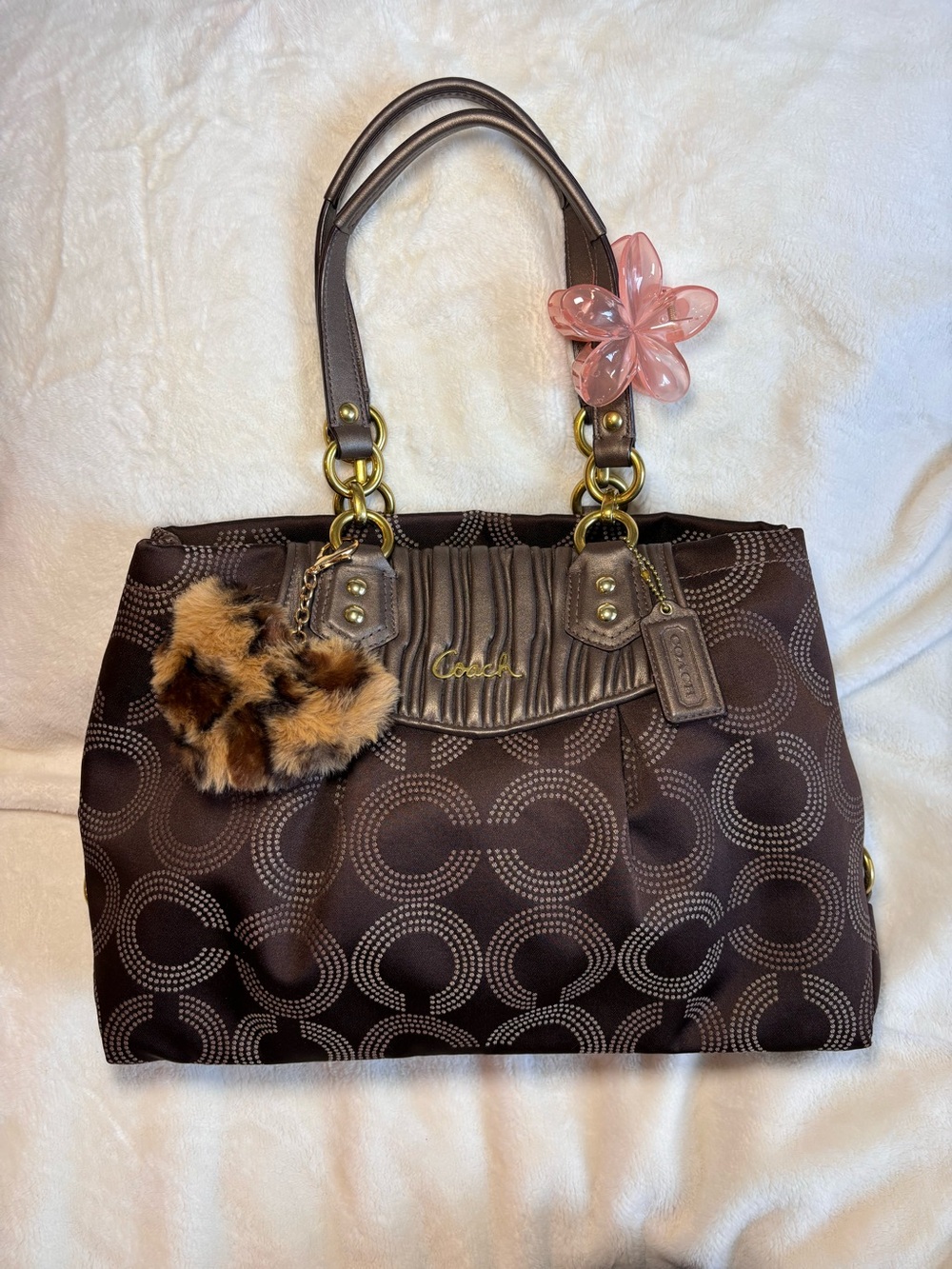 2012 Coach Ashley Dotted Op Art Signature Brown Sateen Satchel Shoulder Bag 2005